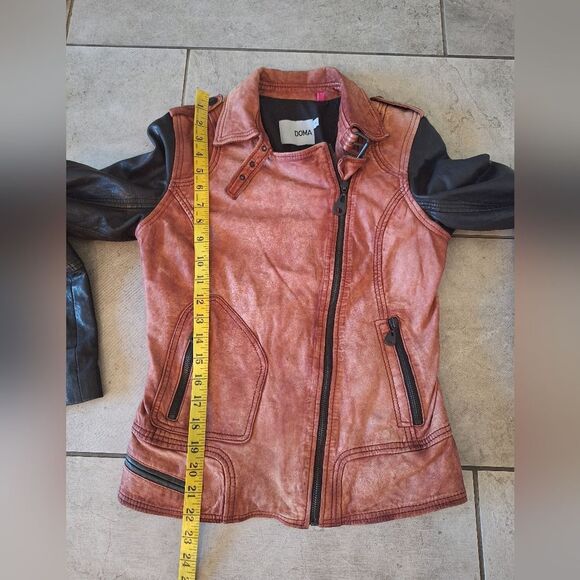 Doma Womens Leather Jacket Distressed Color Block 2 Tone Brown Black Moto Coat S - Picture 7 of 10